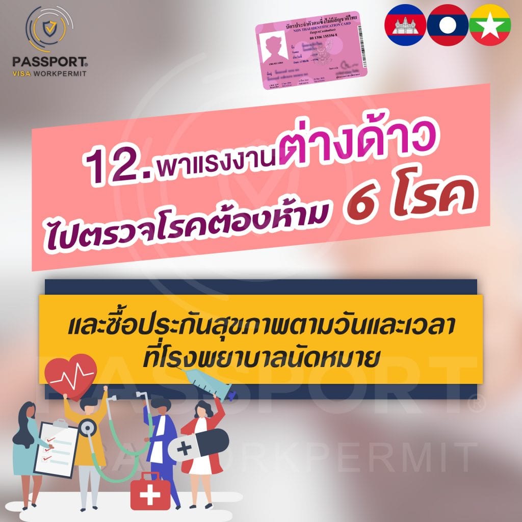 12.พาแรงงานต่างด้าวไปตรวจโรคต้องห้าม6โรคและซื้อประกันสุขภาพตามวันและเวลาที่โรงพยาบาลนัดหมาย