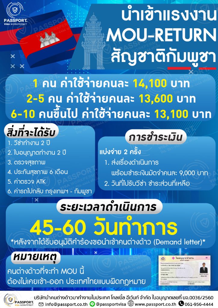 ค่าใช้จ่ายMOUกัมพูชา Return นำเข้าแรงงานต่างด้าวกัมพูชา (มีคนงานแล้ว) ลดค่าวีซ่า1500 มัดจำ9000
