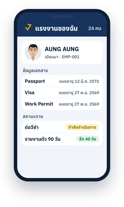 หน้าจอระบบแรงงานของฉัน แสดงข้อมูลเอกสารและสถานะงาน